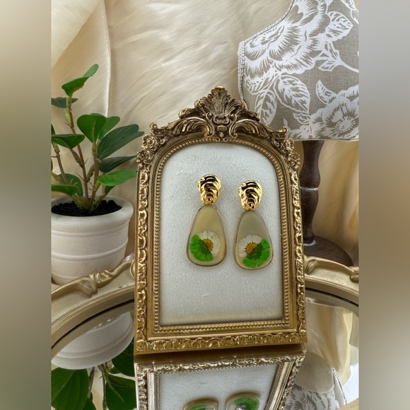 Green Floral Enamel Drop Earrings – Gold Plated Stainless Steel - Picture 10 of 11